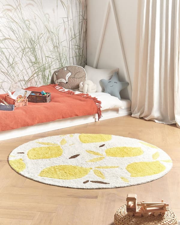 Matto vaalea beige 140 cm puuvilla keltainen sitruunakuvio pyöreä tuftattu lastenhuoneen boho