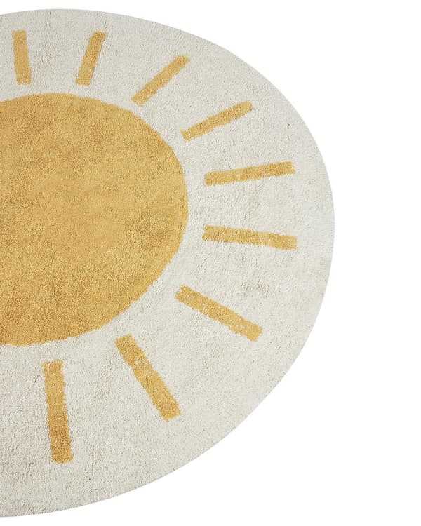 Matto vaalea beige 140 cm puuvilla keltainen aurinkokuvio pyöreä tuftattu lastenhuoneen boho