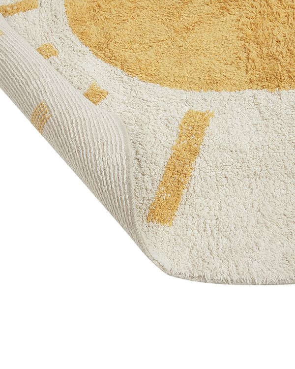 Matto vaalea beige 140 cm puuvilla keltainen aurinkokuvio pyöreä tuftattu lastenhuoneen boho