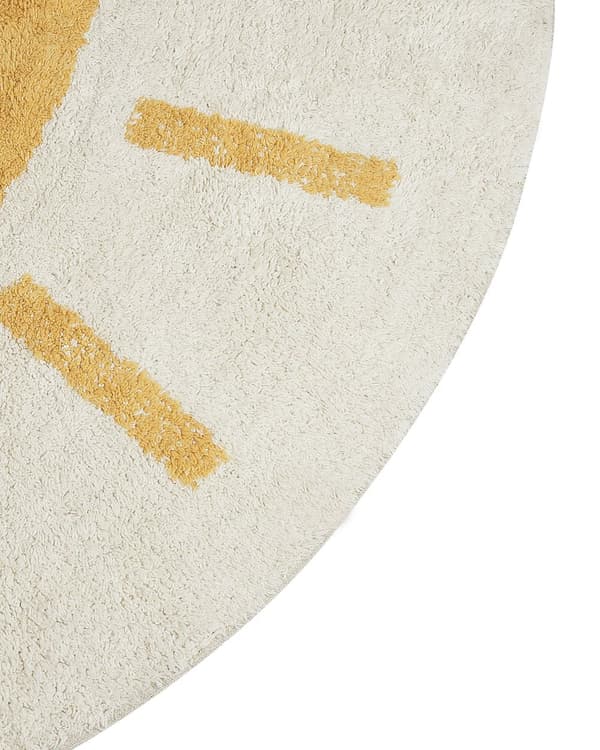 Matto vaalea beige 140 cm puuvilla keltainen aurinkokuvio pyöreä tuftattu lastenhuoneen boho