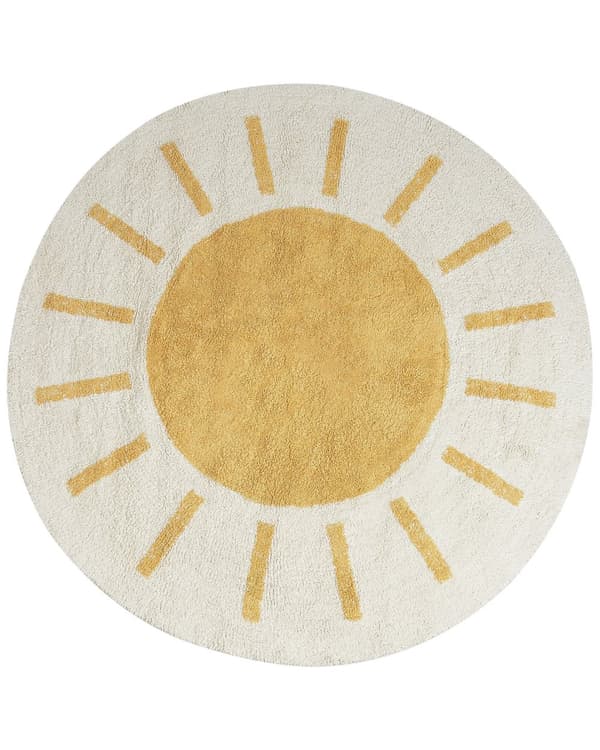Matto vaalea beige 140 cm puuvilla keltainen aurinkokuvio pyöreä tuftattu lastenhuoneen boho
