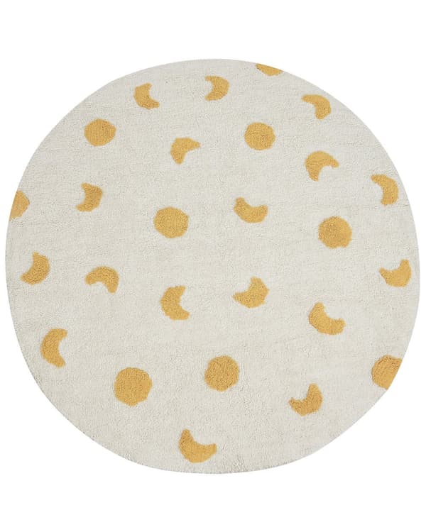 Matto vaalea beige 140 cm puuvilla keltainen kuukuvio pyöreä tuftattu lastenhuoneen boho