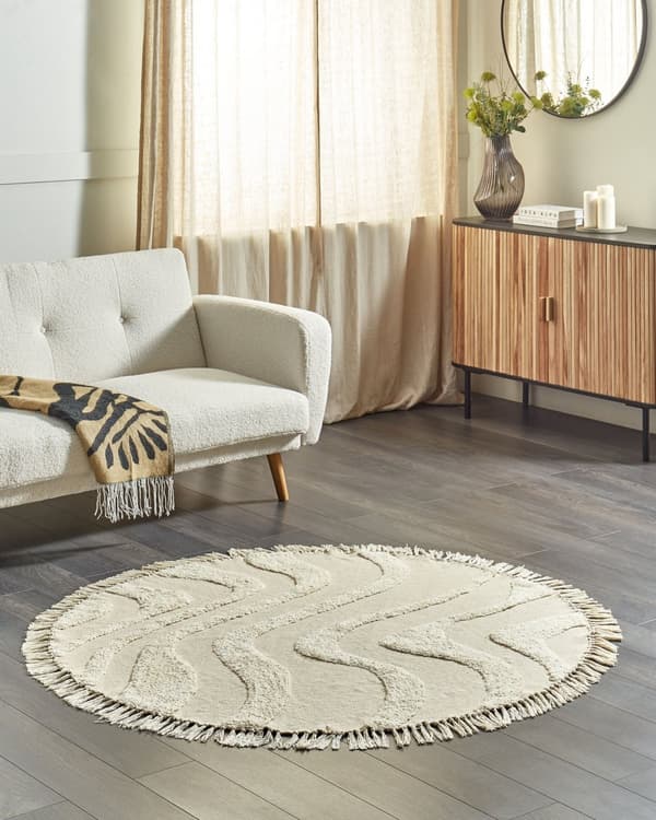 Teppe Beige Bomull ø 140 cm Rund form Frynser Mønster Bohemsk stil Stue Soverom Gulvteppe Tekstiler Tilbehør