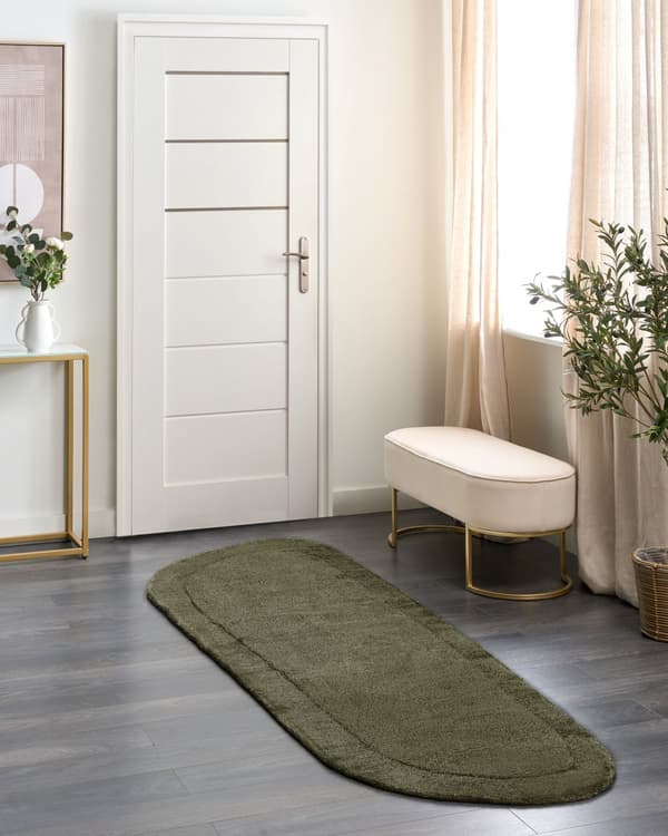 Teppe Mørkegrønt viskose ullteppe 80 x 250 cm Håndtuftet med lav luv Stue Bomullsbakside Moderne