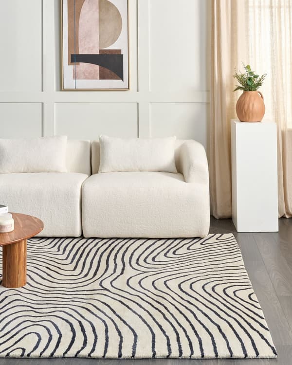 Sort og hvidt tæppe i viskose og uld håndtuftede 200x 300 cm Lav Luv Bomulds bagside Moderne Glamourøs Stil Stue Værelse