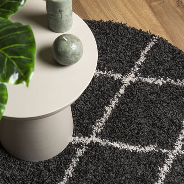 vidaXL Tykt teppe PAMPLONA høy luv moderne svart og kremhvit Ø80 cm