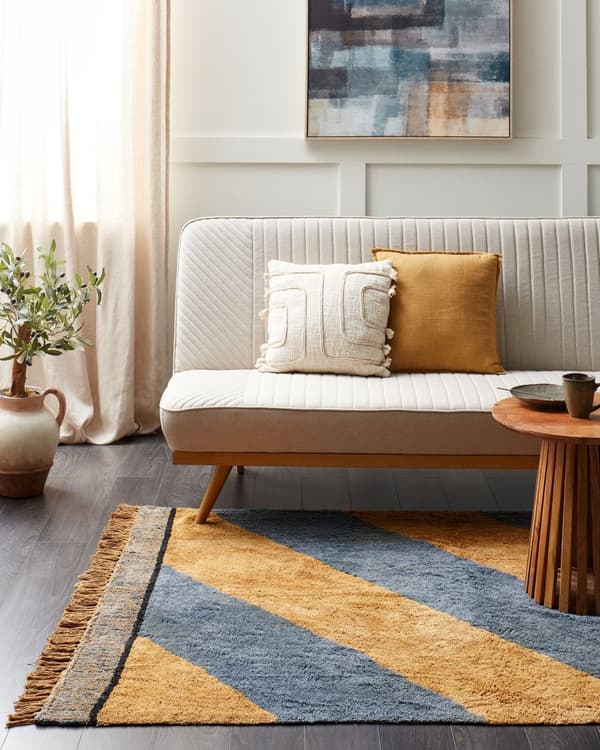 Matta Blå och brun bomull 140 x 200 cm Randigt mönster med tofsar Boho Stil Vardagsrum
