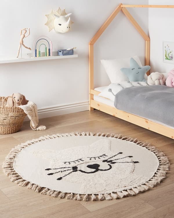 Matta Beige Bomull ø 120 cm Rund Dekorativ Katt Mönster Tofsar Boho Stil Vardagsrum Barn Barnrum