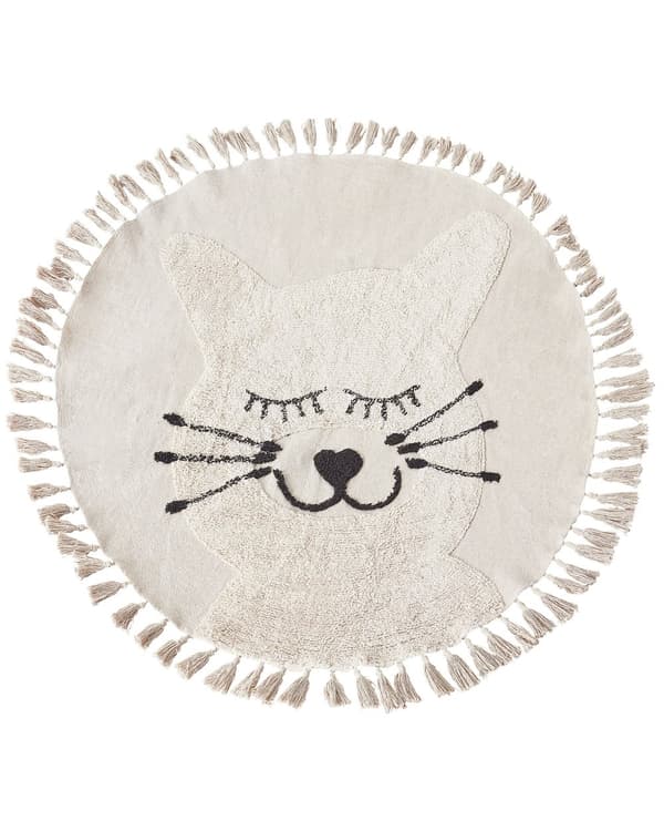 Matta Beige Bomull ø 120 cm Rund Dekorativ Katt Mönster Tofsar Boho Stil Vardagsrum Barn Barnrum