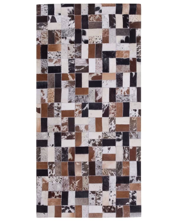 Tæppe Brun og Beige Læder 80 x 150 cm Geometrisk Mønster Patchwork Håndlavet Moderne Stil