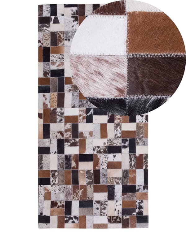 Tæppe Brun og Beige Læder 80 x 150 cm Geometrisk Mønster Patchwork Håndlavet Moderne Stil