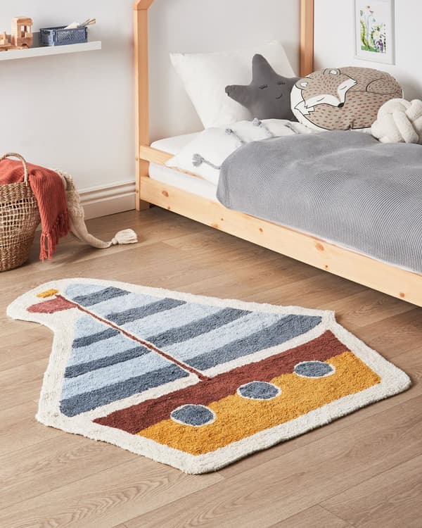 Matto beige puuvilla ø 120 cm pyöreä kissa kuvio hapsut lastenhuone boho tyyli