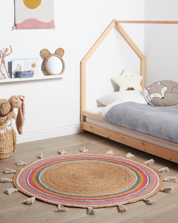 Matto monivärinen 120 cm juutti puuvilla pyöreä käsinkudottu tupsut lattialämmitykselle boho