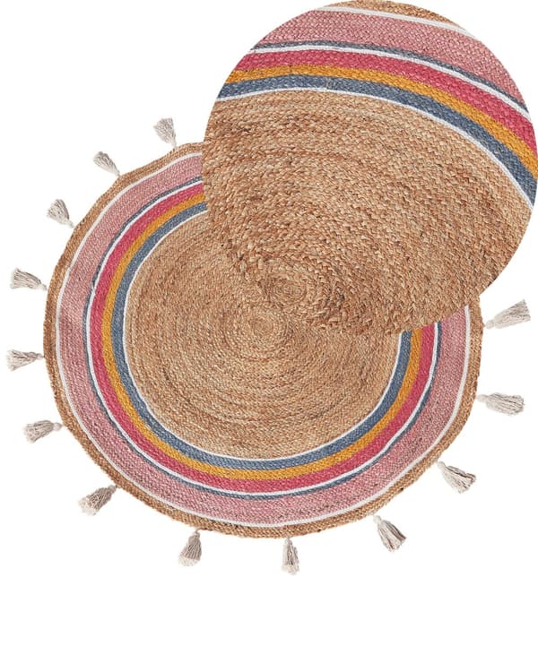 Matto monivärinen 120 cm juutti puuvilla pyöreä käsinkudottu tupsut lattialämmitykselle boho