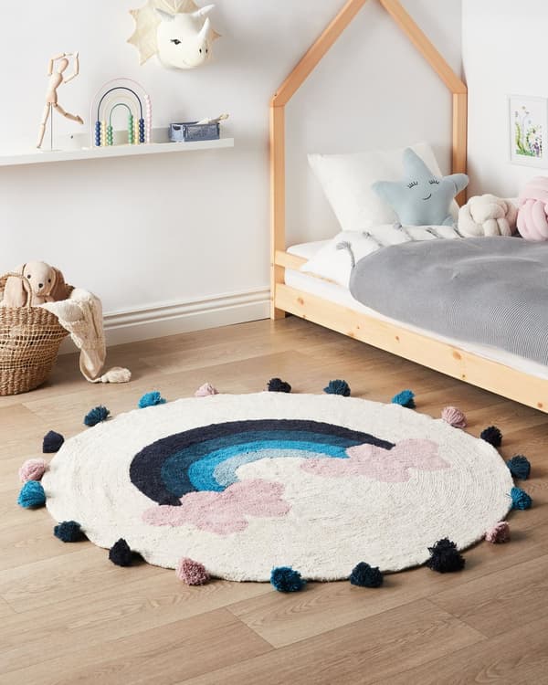 Matto monivärinen puuvilla ø 120 cm pyöreä sateenkaari käsin kudottu pompomit lastenhuoneeseen moderni
