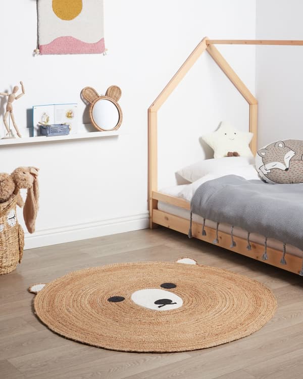 Gulvteppe Beige Jute ø 120 cm Rund form Bjørnemotiv Bohemsk stil Tekstiler Dekor Barnerom