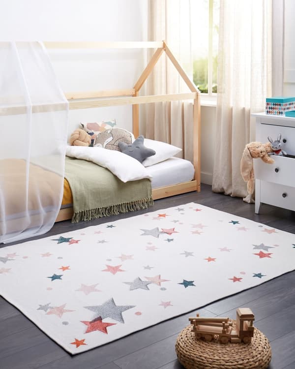 Gulvteppe Hvit Bomull 140 x 200 cm Teppe med Lav Luv for Lekerom for Barn