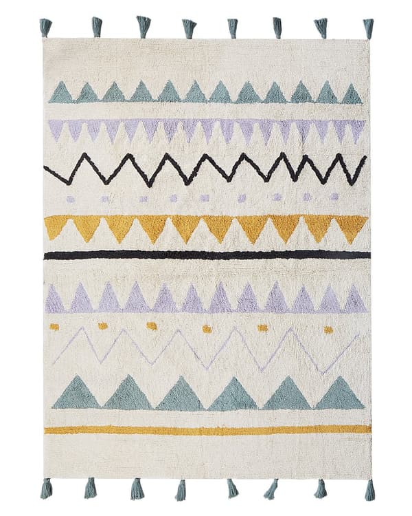 Abstrakt mønster i beige og grønn bomull 140 x 200 cm med lav luv og dusker til lekerom for barn