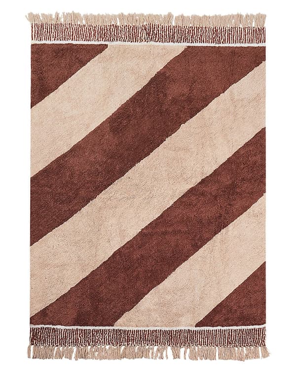 Gulvteppe Beige Brun Bomull 140 x 200 cm Stripete mønster Frynser Bohemsk stil Tekstiler Dekor Stue