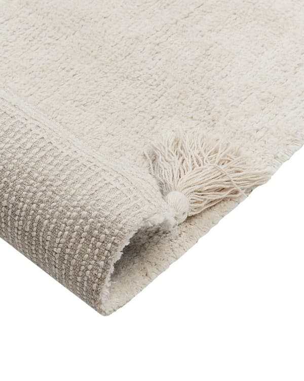 Teppe med bamsemønster i beige bomull 140 x 200 cm med lav luv og dusker til lekerommet for barn