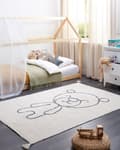 Miniatyrbilde 2 av 6: Teppe med bamsemønster i beige bomull 140 x 200 cm med lav luv og dusker til lekerommet for barn