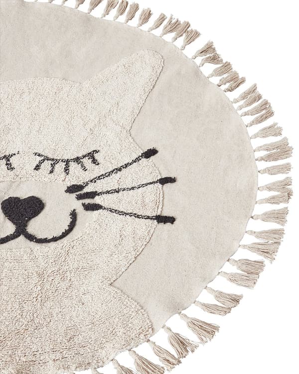Gulvteppe Beige Bomull ø 120 cm Rund form Katt Frynser Bohemsk stil Tekstiler Dekor Barnerom