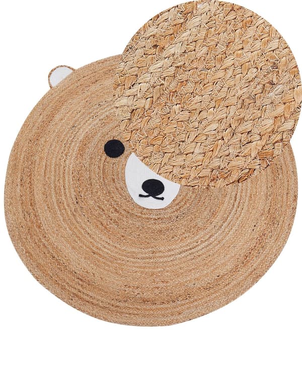 Gulvtæppe Beige Jute ø 120 cm Rund Dekorativ Bjørne Mønster Boho Stil Stue Børn Børneværelse