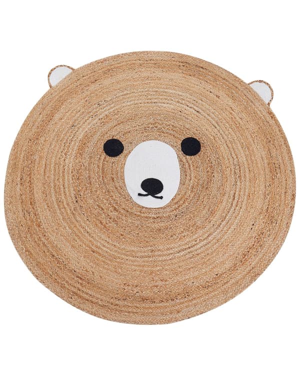 Gulvtæppe Beige Jute ø 120 cm Rund Dekorativ Bjørne Mønster Boho Stil Stue Børn Børneværelse