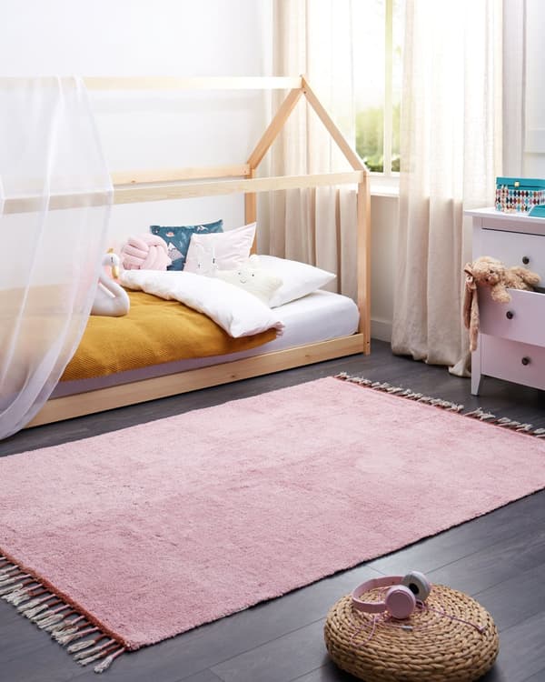 Matta Rosa Bomull 140 x 200 cm Rektangulär med tofsar Fast mönster Handtuftad Modern Boho för barn