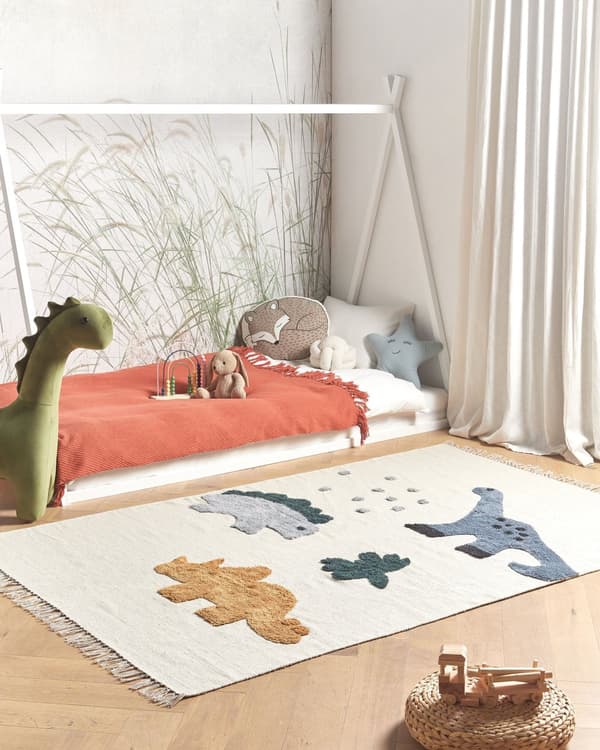 Barnmatta Bomull Beige 140 x 200 cm Djur Dinosauriemönster Handvävd med tofsar Golv Lekmatta