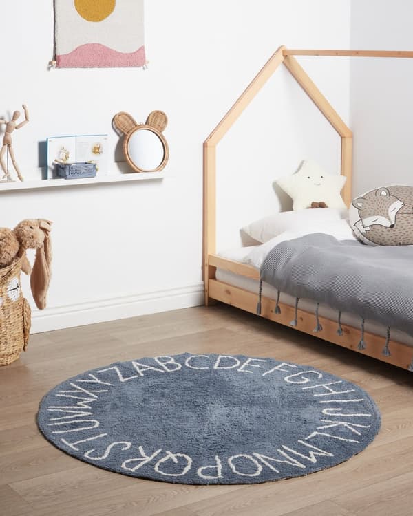 Matta Blå Bomull ø 120 cm Rund Handgjord med Alfabet Boho Stil Vardagsrum Barn Barnrum