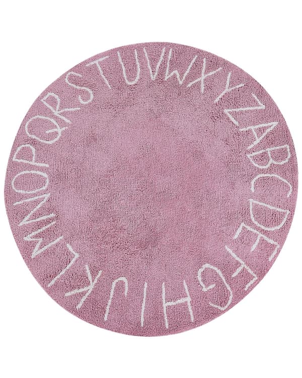 Matta Rosa Bomull ø 120 cm Rund Handgjord med Alfabet Boho Stil Vardagsrum Barn Barnrum