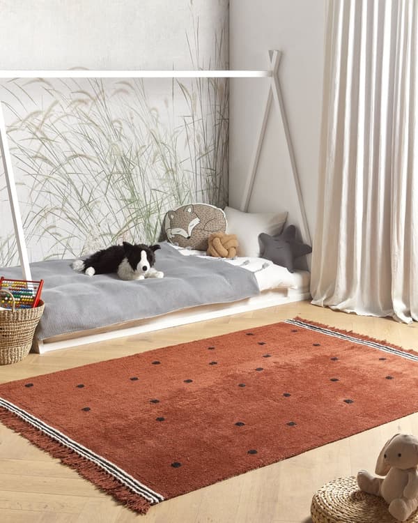 Tuftad Matta Bomull Brun 140x200 cm med Svarta Prickar och Vita Ränder Rektangulär