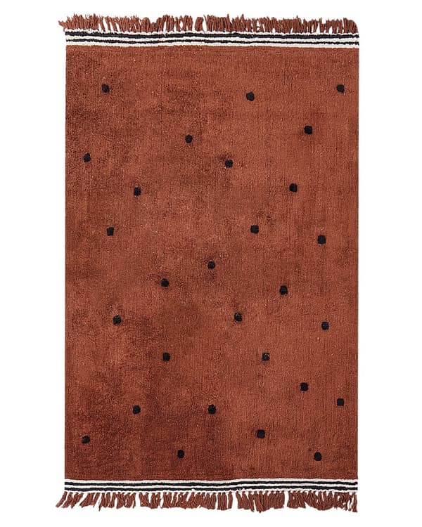 Tuftad Matta Bomull Brun 140x200 cm med Svarta Prickar och Vita Ränder Rektangulär