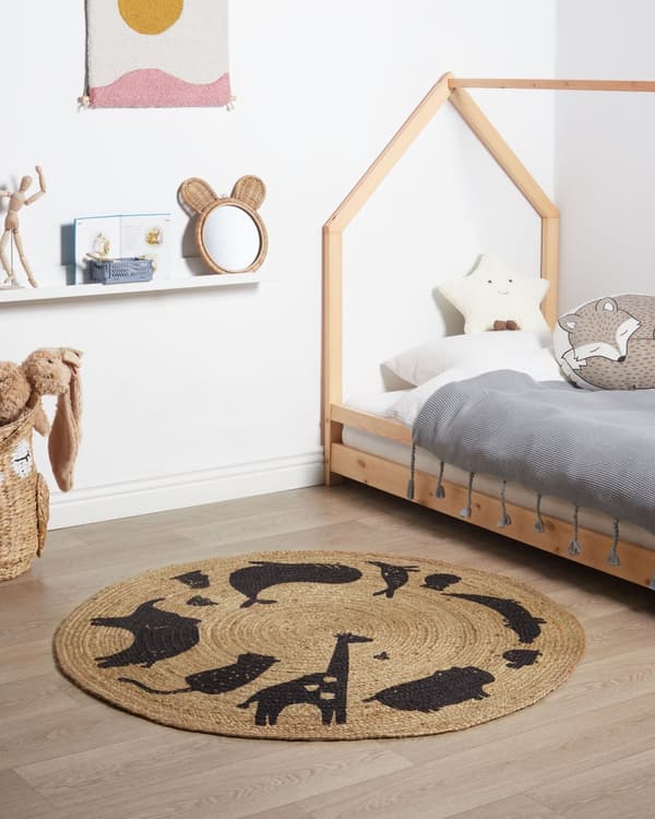 Teppe Beige Jute ø 120 cm Rund form Dyremotiv Bohemsk stil Barnerom Barneteppe Gulvteppe Dekorasjon Tekstiler