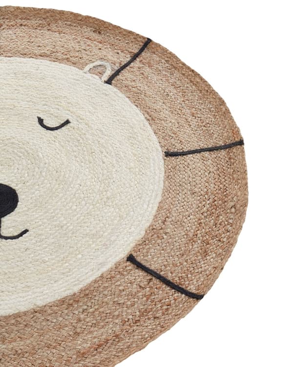 Gulvtæppe beige jute ø 120 cm rundt bjørnemotiv boho moderne stil stue børneværelse