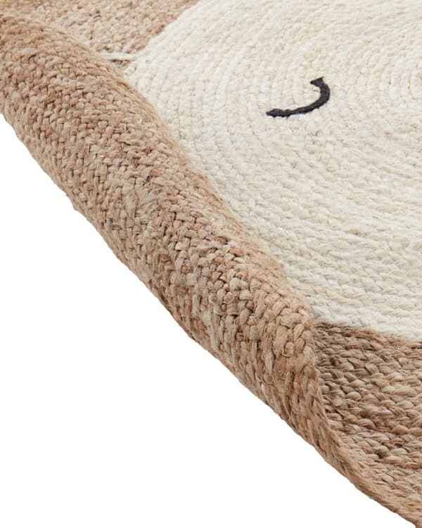 Gulvtæppe beige jute ø 120 cm rundt bjørnemotiv boho moderne stil stue børneværelse