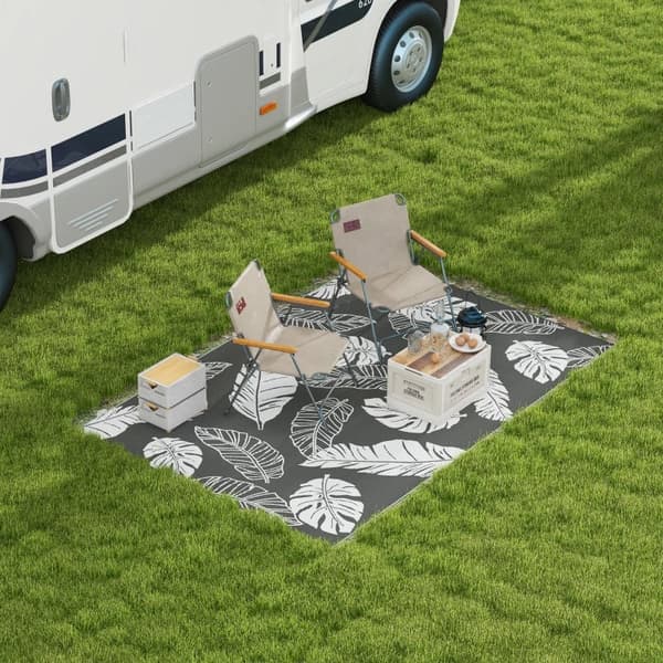 Rootz Vändbar utomhusmatta - Uteplatsmatta - Väderbeständig - Modern design - Bladmönster - Grå + Vit - 182x274cm