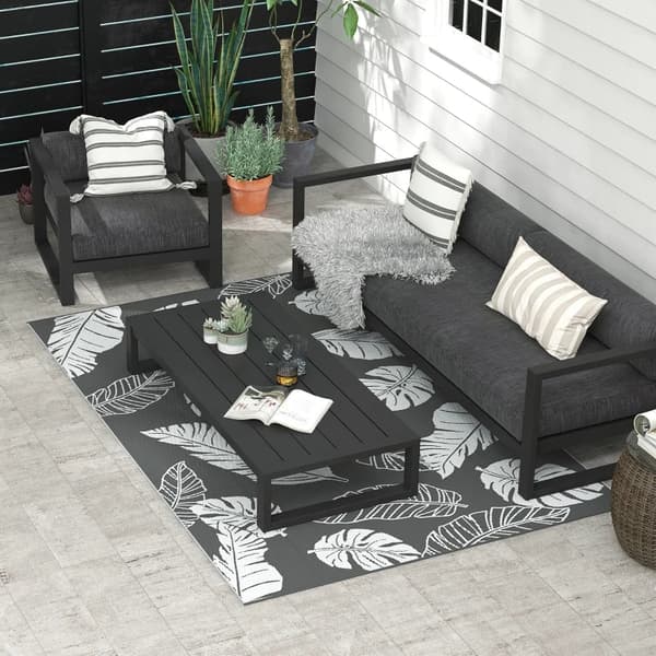 Rootz Vändbar utomhusmatta - Uteplatsmatta - Väderbeständig - Modern design - Bladmönster - Grå + Vit - 182x274cm