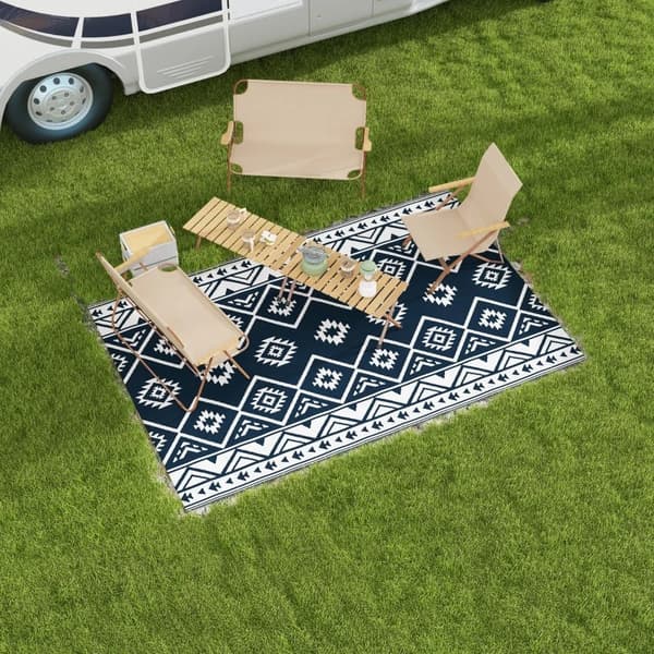 Rootz udendørs tæppe - terrassetæppe - vejrbestandigt - moderne design - ikke-vævet stof - sort + hvid - 182 cm x 274 cm x 0,3 cm