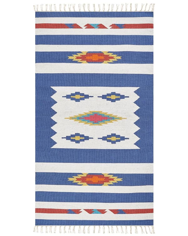 Kelimtæppe Flerfarvet bomuld 80 x 150 cm Håndvævet vendbart fladvævet geometrisk mønster med kvaster Traditionel boho Stue Soveværelse