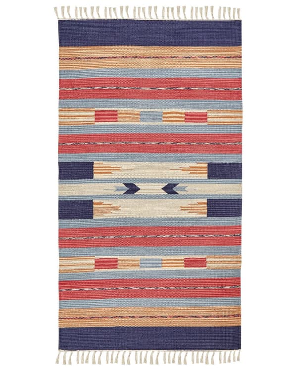 Kelimtæppe Flerfarvet bomuld 80 x 150 cm Håndvævet vendbart fladvævet geometrisk mønster med kvaster Traditionel boho Stue Soveværelse