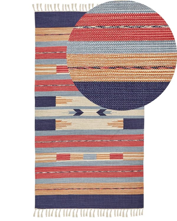 Kelimtæppe Flerfarvet bomuld 80 x 150 cm Håndvævet vendbart fladvævet geometrisk mønster med kvaster Traditionel boho Stue Soveværelse