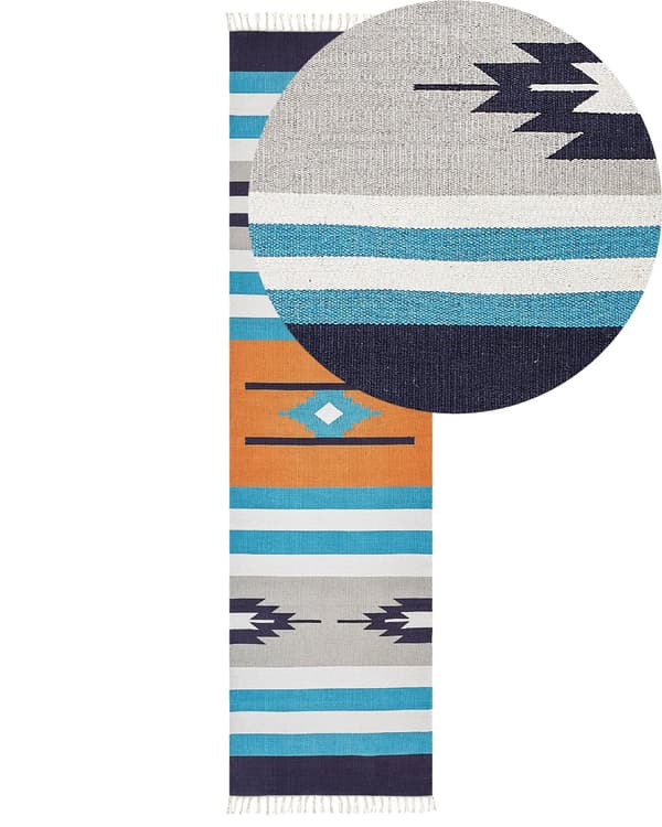 Kelimløber Tæppe Flerfarvet bomuld 80 x 300 cm Håndvævet Vendbar Fladvævet Geometrisk mønster med kvaster Traditionel Boho-gang