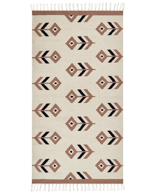 Kelimtæppe Beige Sort Bomuld 80 x 150 cm Fladvævet Løs Gulvtæppe til Børneværelse Mønstret Håndvævet Tæppe til Entre Tilbehør