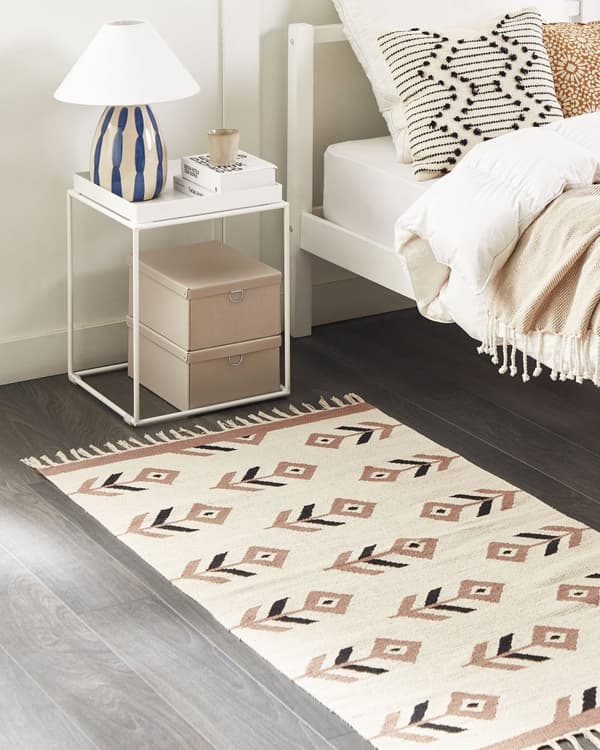Kelimtæppe Beige Sort Bomuld 80 x 150 cm Fladvævet Løs Gulvtæppe til Børneværelse Mønstret Håndvævet Tæppe til Entre Tilbehør