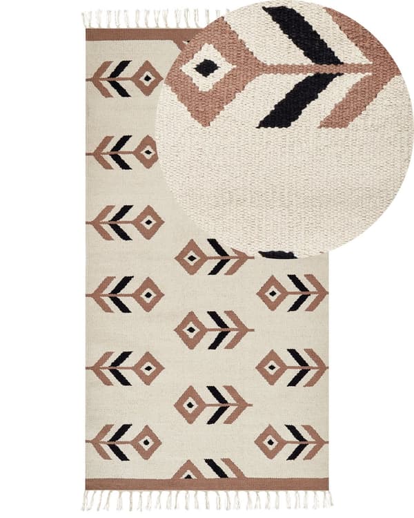 Kelimtæppe Beige Sort Bomuld 80 x 150 cm Fladvævet Løs Gulvtæppe til Børneværelse Mønstret Håndvævet Tæppe til Entre Tilbehør