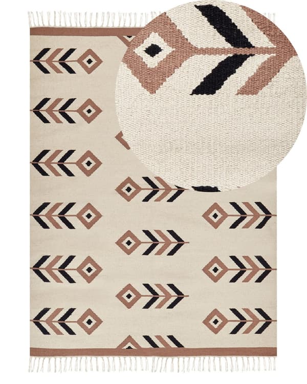Kelimtæppe Beige Sort Bomuld 140 x 200 cm Fladvævet Løs Gulvtæppe til Børneværelse Mønstret Håndvævet Orientalsk Tæppe under Sofabord Tilbehør