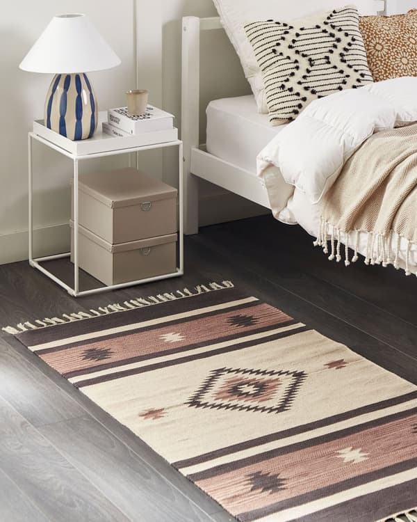 Kelimtæppe Beige Brun Bomuld 80 x 150 cm Fladvævet Løs Gulvtæppe til Børneværelse Mønstret Håndvævet Orientalsk Tæppe under Sofabord Tilbehør