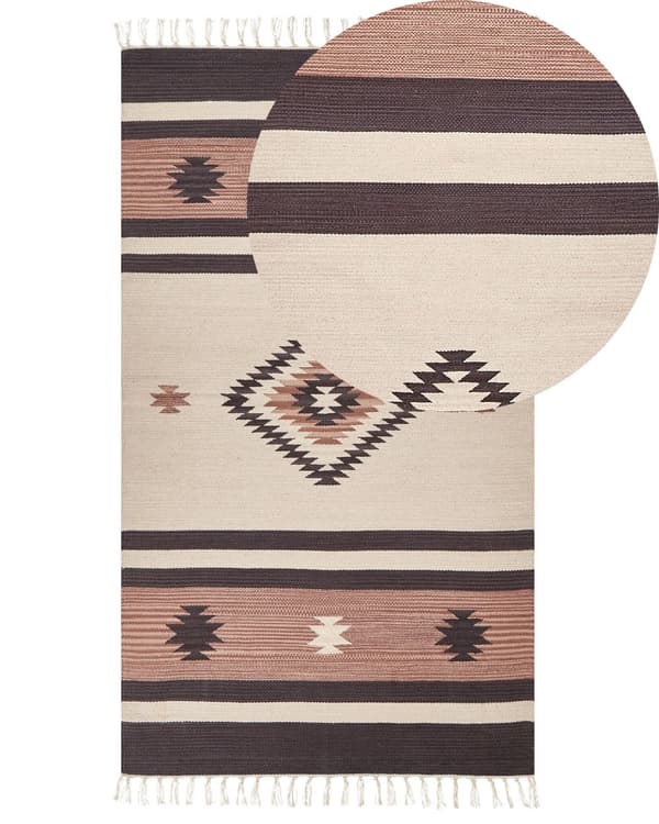 Kelimtæppe Beige Brun Bomuld 80 x 150 cm Fladvævet Løs Gulvtæppe til Børneværelse Mønstret Håndvævet Orientalsk Tæppe under Sofabord Tilbehør